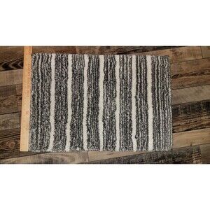 Grey & White Striped Bath Rug Mat NonSlip Soft Plush 17x24"